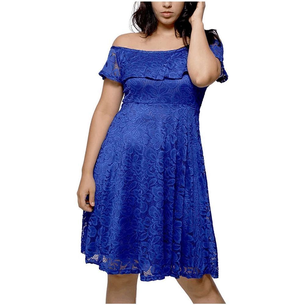 💙 Off Shoulder Lace Retro Pinup Vintage 1950s Cocktail Ruffle Blue Dress L NWT